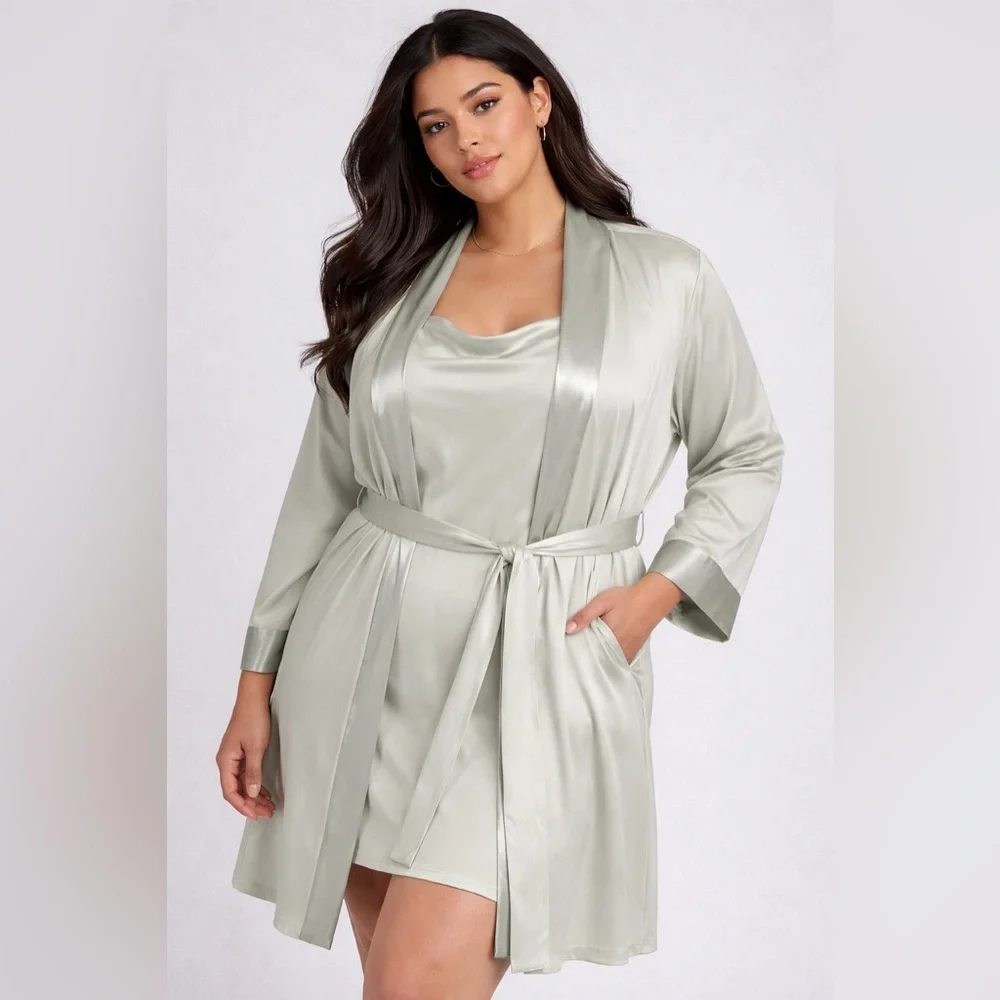 Halston 2X Sage Green Sheer Robe & Slip Dress Set Satin Trim Elegant Lounge - Picture 1 of 16